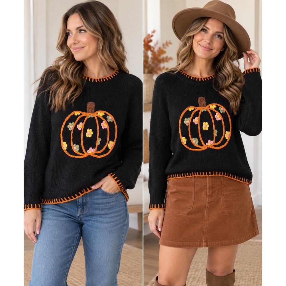 So Me Black Pumpkin Floral Embroidered Sweater Size Small NWT Fall Halloween